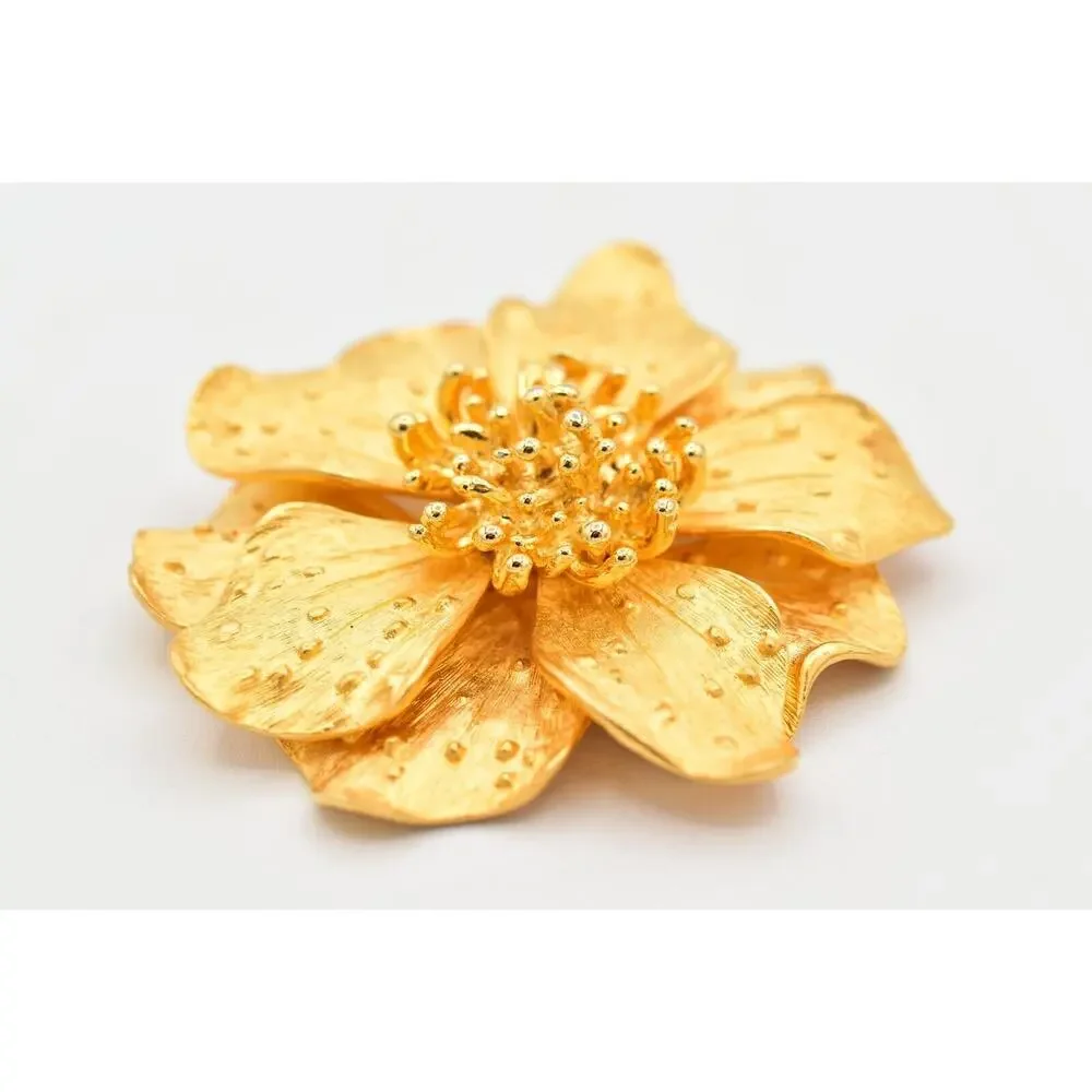 KJL Vintage Dogwood Flower Pin Brooch Brushed Gold Matte Chunky Signed 80s BinBK